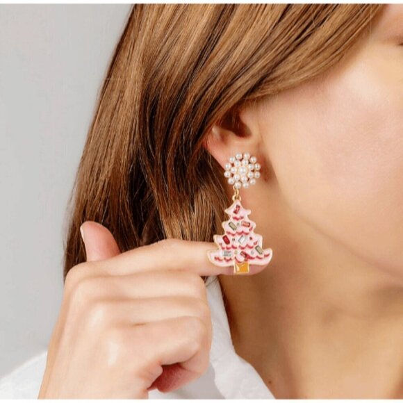 Rhinestone Christmas Tree Enamel Earrings in Pink - Picture 3 of 3